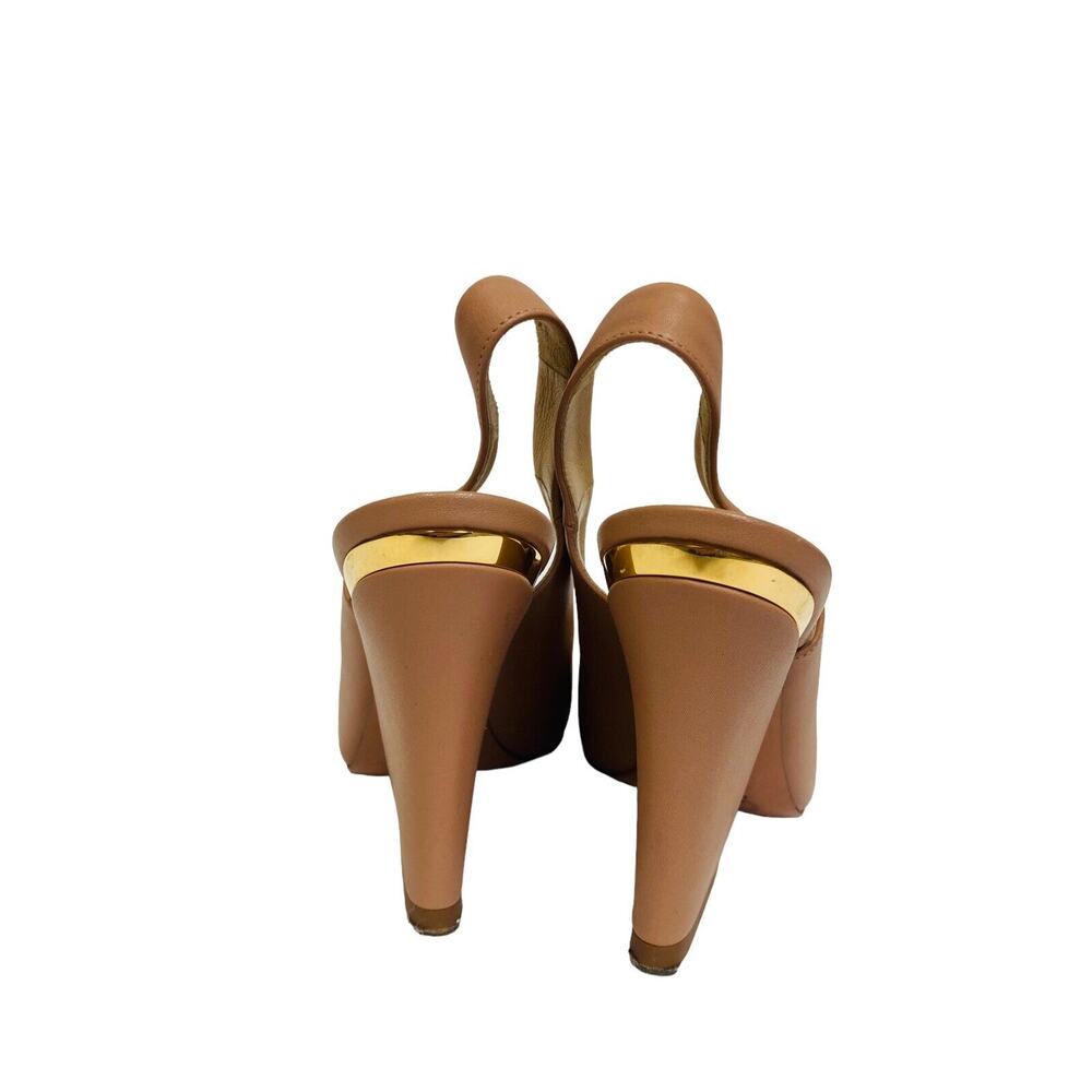 CHLOE $750 Nude Beige Leather Slingback Gold Trim Block Heel Pumps Size 36 US 6 - Picture 4 of 7